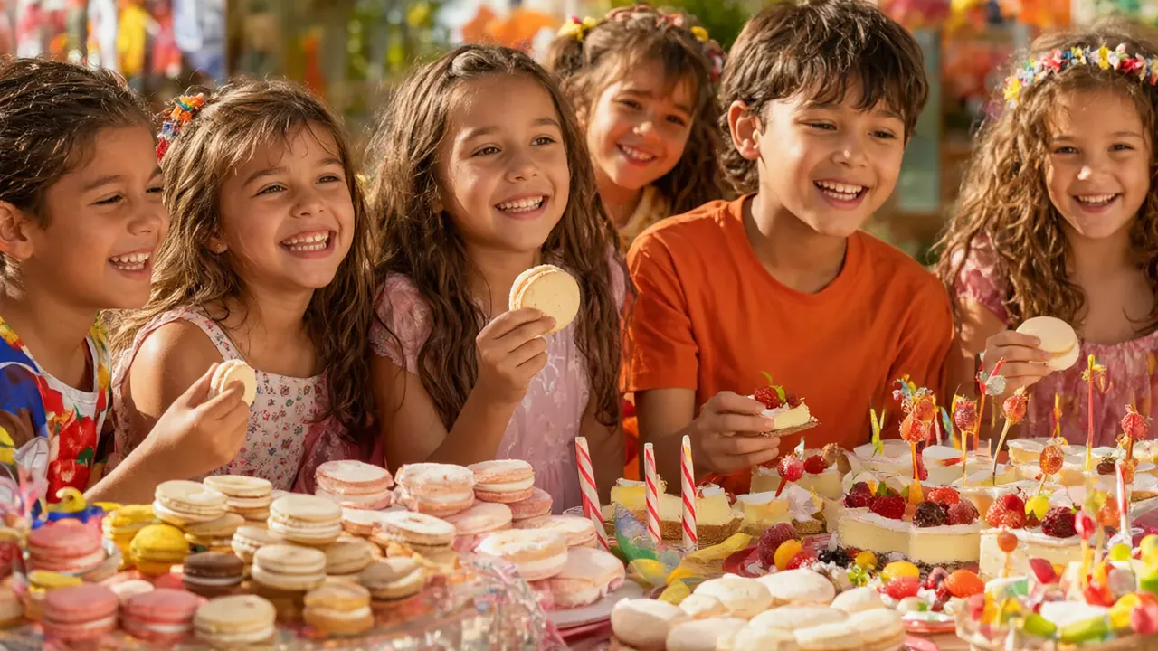Smiling children at a birthday party table with macarons, cookies, cake and fruit desserts